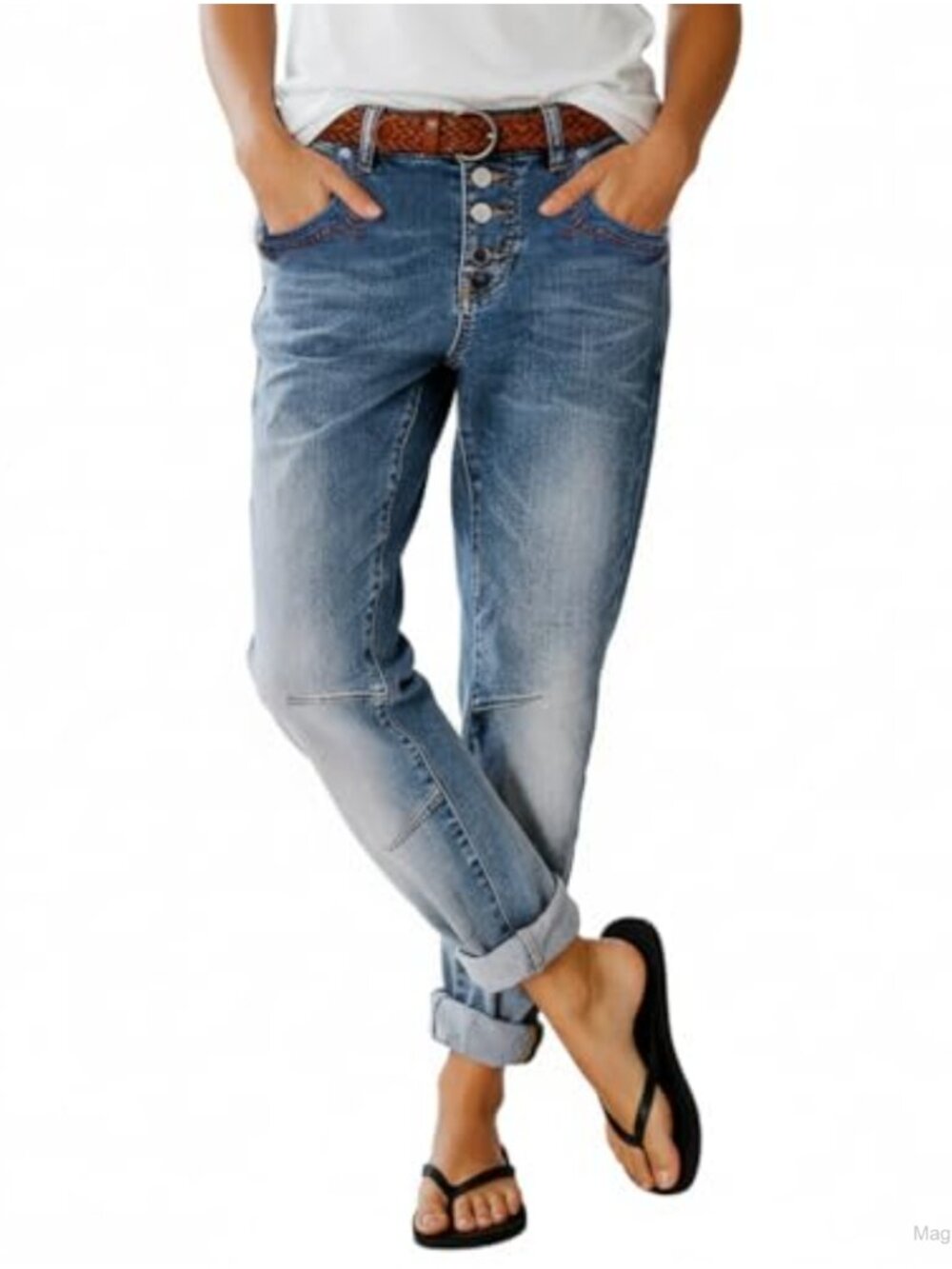 Women's Mid Rise Straight Leg Stretch Jeans Button Fly Casual